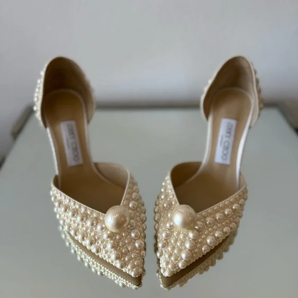 New JIMMY CHOO Sabine 85 faux pearl-embellished satin pumps 38 $1,895 - Picture 11 of 17